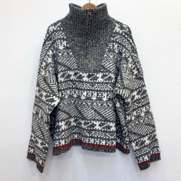 Line Helga Quarter Zip Pullover Sweater Geometric Fair Isle Alpine Gray L NEW - Picture 7 of 14